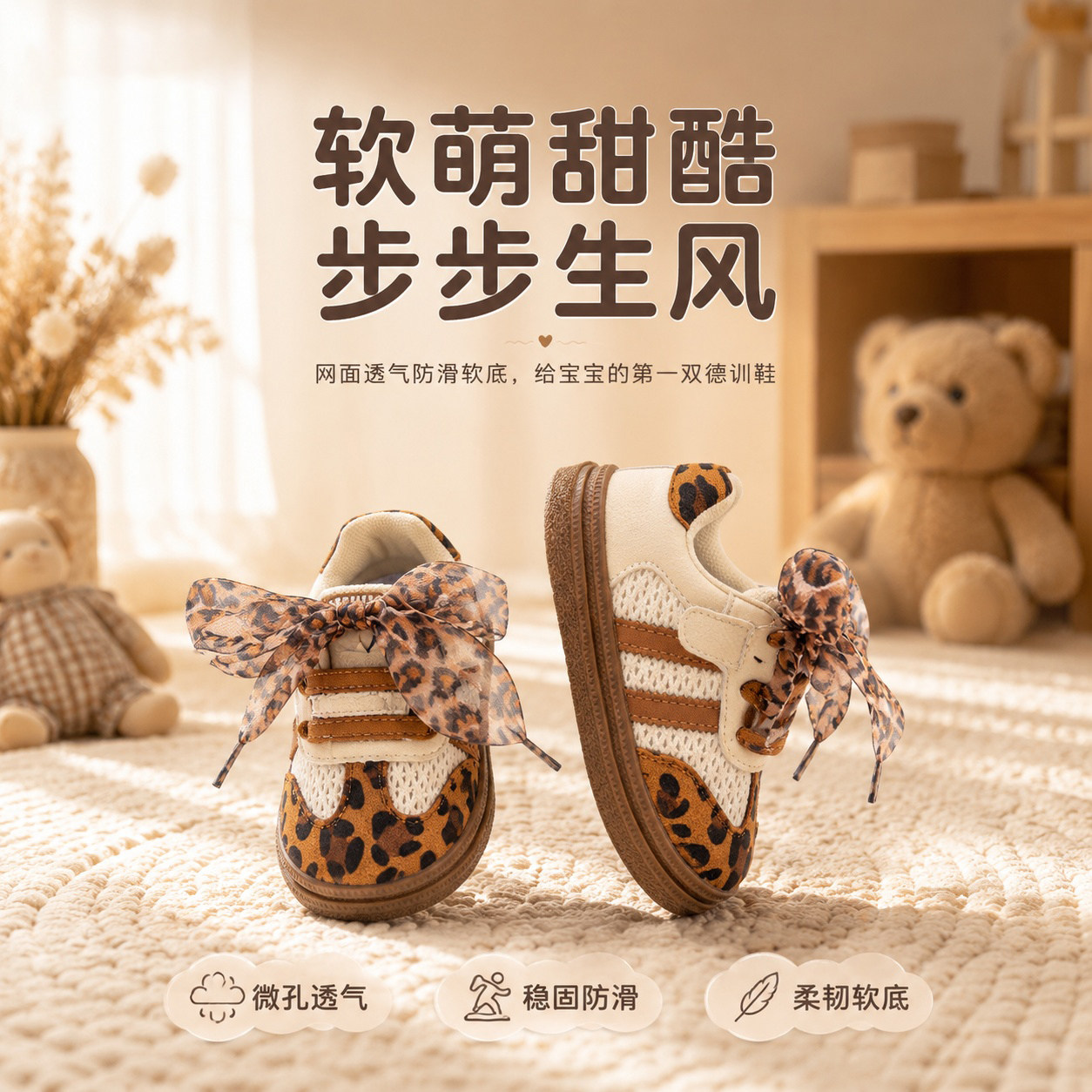 女童豹纹德训板鞋春秋防滑软底