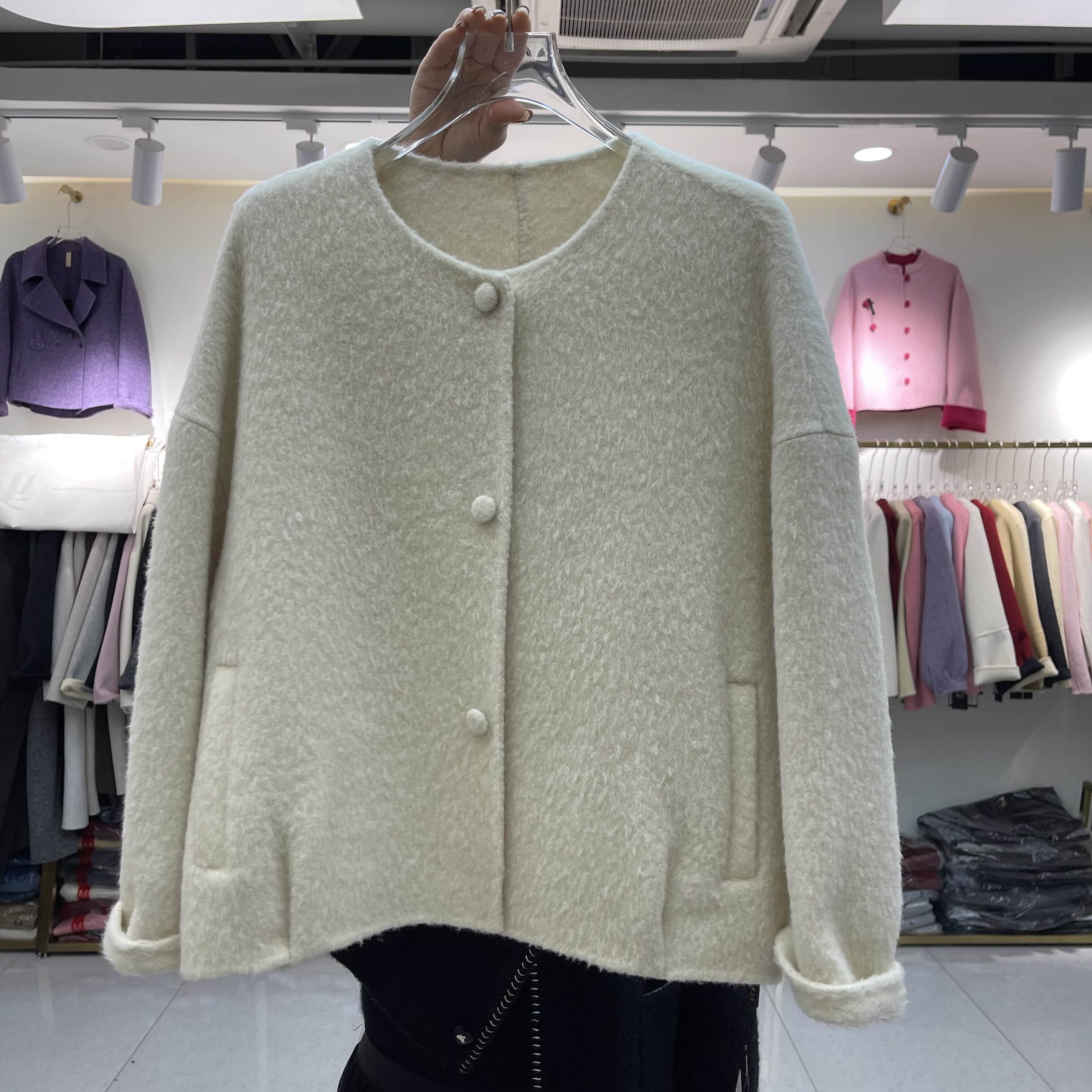 米白色双面羊毛毛呢外套女短款2025秋冬高级感气质羊毛呢子大衣