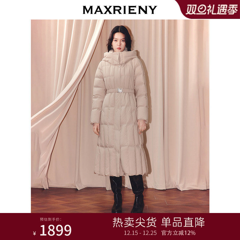 MAXRIENY摩登复古收腰X型连帽羽绒服过膝长款25冬款鸭绒保暖外套