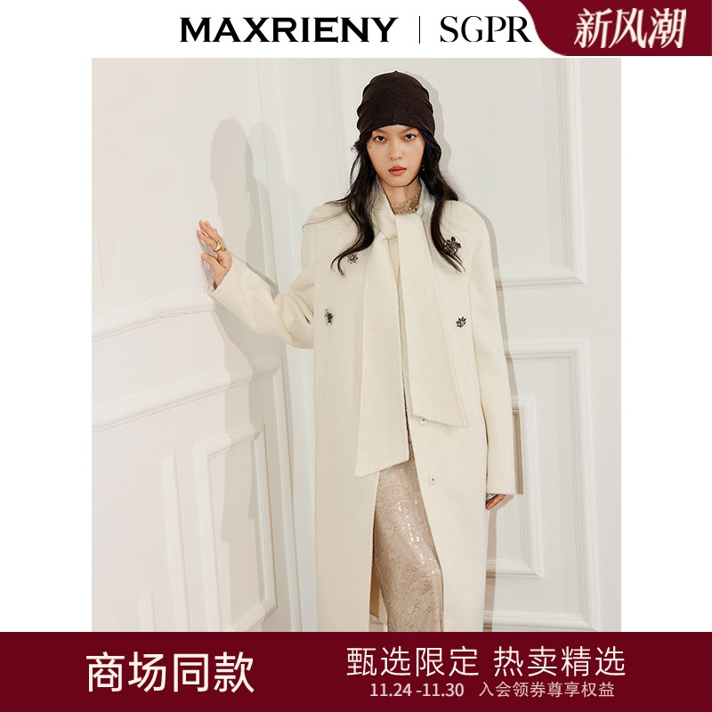 H型长款双面呢大衣，精致金属花朵装饰