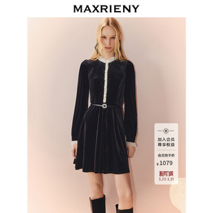 MAXRIENY法式 赫本风气质裙 复古X型收腰丝绒连衣裙拼接蕾丝25秋款