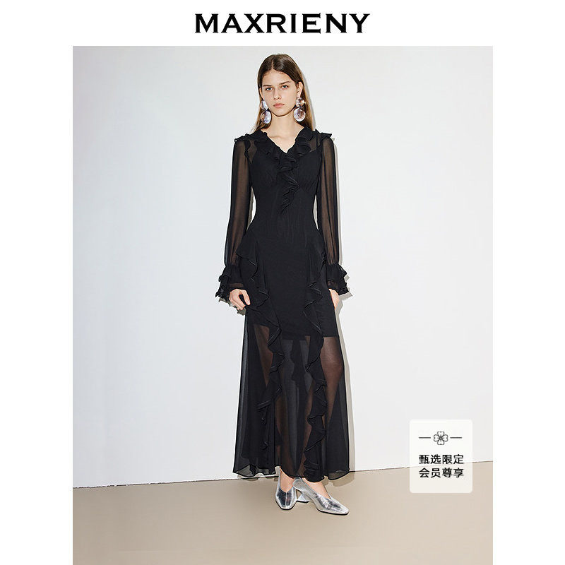 【商场同款】MAXRIENY透视裙摆V领裙子2026年春季新款黑色连衣裙