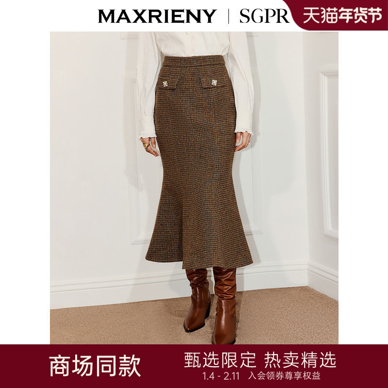 【SGPR】复古千金格纹羊毛混纺鱼尾半裙25冬通勤穿搭,女装/女士精品,半身裙,淘宝优惠券,粉丝福利购,淘宝优惠卷