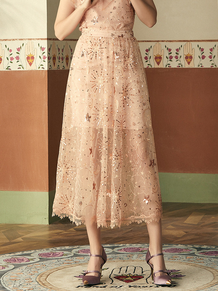 MAXRIENY spring temperament sequined lace skirt women's mid-length gauze skirt fairy skirt foreign style