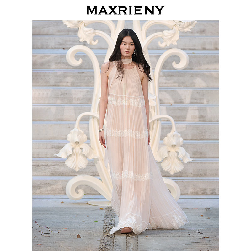 【主题限量】MAXRIENY蕾丝花边散摆长连衣裙26年夏季压褶吊带裙子