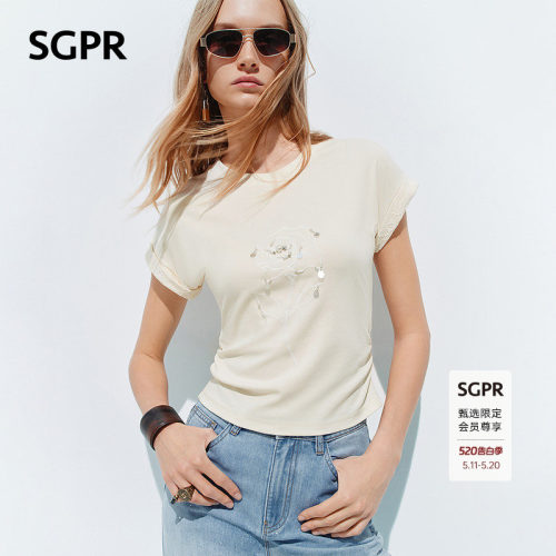 SGPR米白玫瑰钉珠刺绣T恤