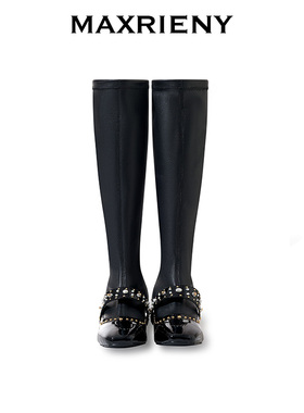 MAXRIENY配饰冬季新品黑色弹力膝下包腿靴
