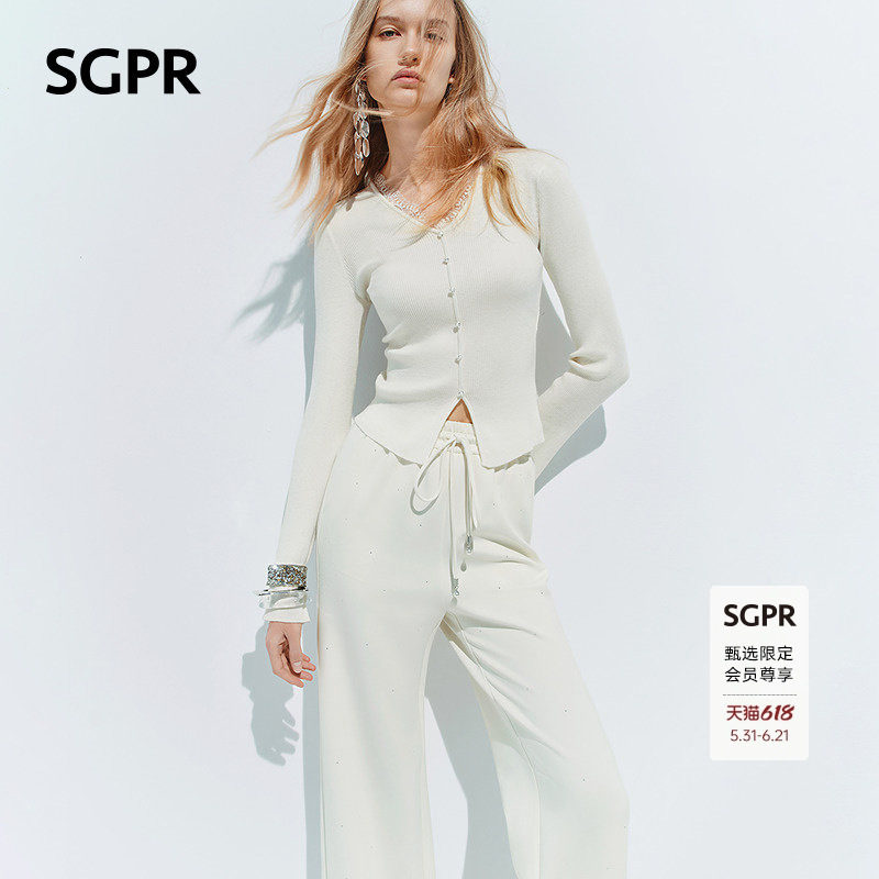 【SGPR】白色针织衫2026年春季新款V领套头毛衣收腰蕾丝薄款上衣