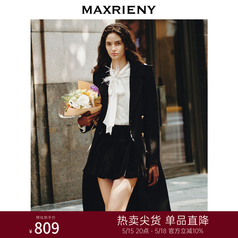 MAXRIENY精致复古黑色丝绒百褶裙2023秋冬新款显瘦a字短裙女