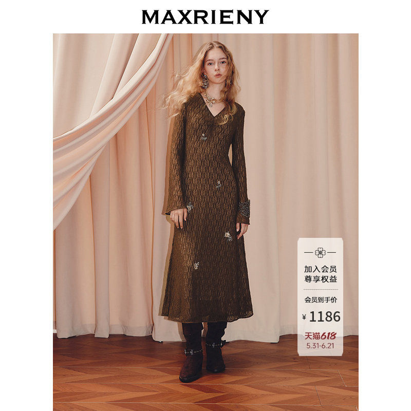 【程潇同款】MAXRIENY法式复古感v领长袖收腰连衣裙琥珀流光穿搭