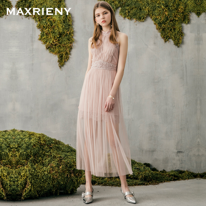 MAXRIENY 2018夏季新品 壓褶網紗釘珠連衣裙無袖印花中長裙女