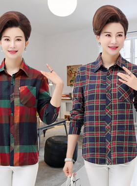 衬衫全棉格子加大码女士春秋装