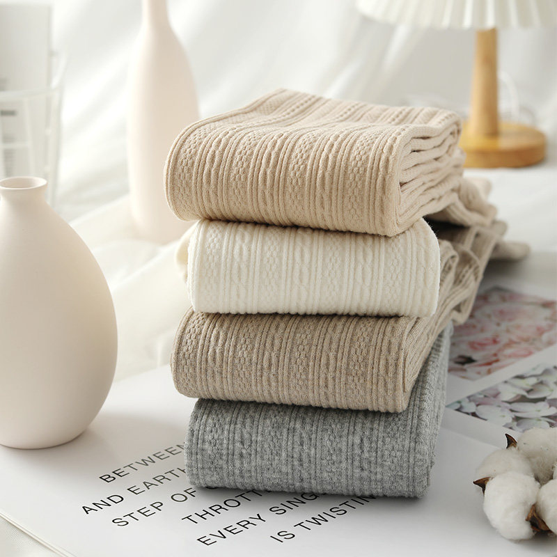 日系针织棉麻花打底裤女螺纹外穿春秋磨毛中厚竖条纹燕麦白连裤袜