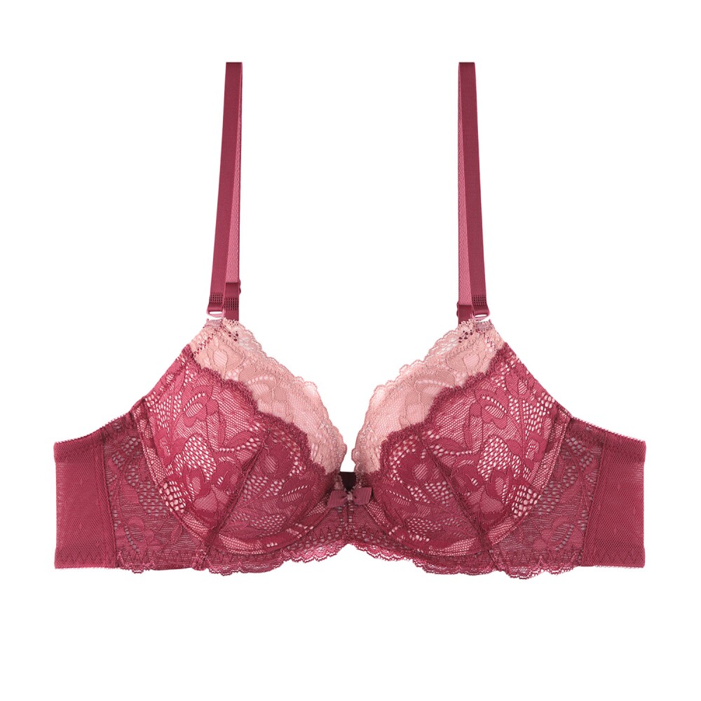性感酒红色拼色蕾丝U型调整聚拢上托文胸套装BODYGURAD