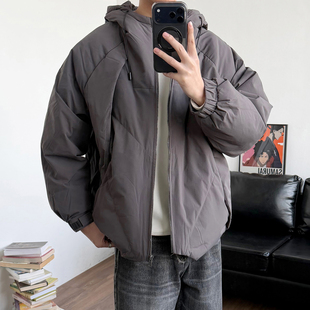 24line日系通勤连帽短款羽绒服男冬季加厚保暖宽松结构外套灰色潮