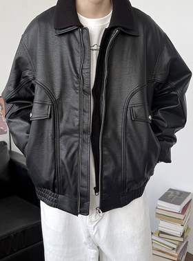 24LINE美式复古黑色PU皮衣羽绒服外套男冬季加厚针织翻领机车外套