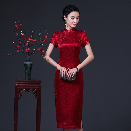 夏季复古真丝旗袍中长款妈妈礼服