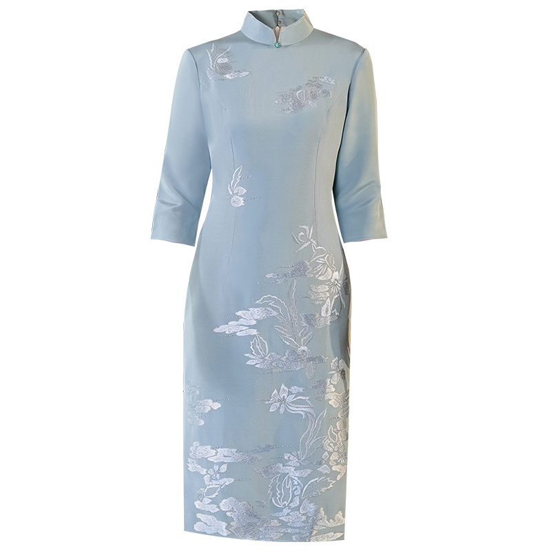 复古真丝刺绣旗袍妈妈高档礼服