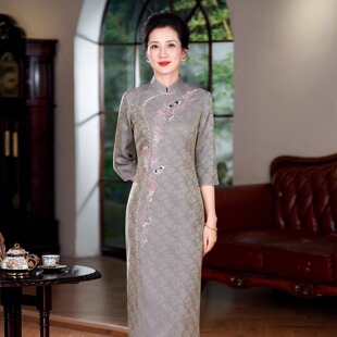 中长款 7分袖 旗袍 真丝刺绣旗袍喜妈妈婚宴气质高档礼服秋季 2025款