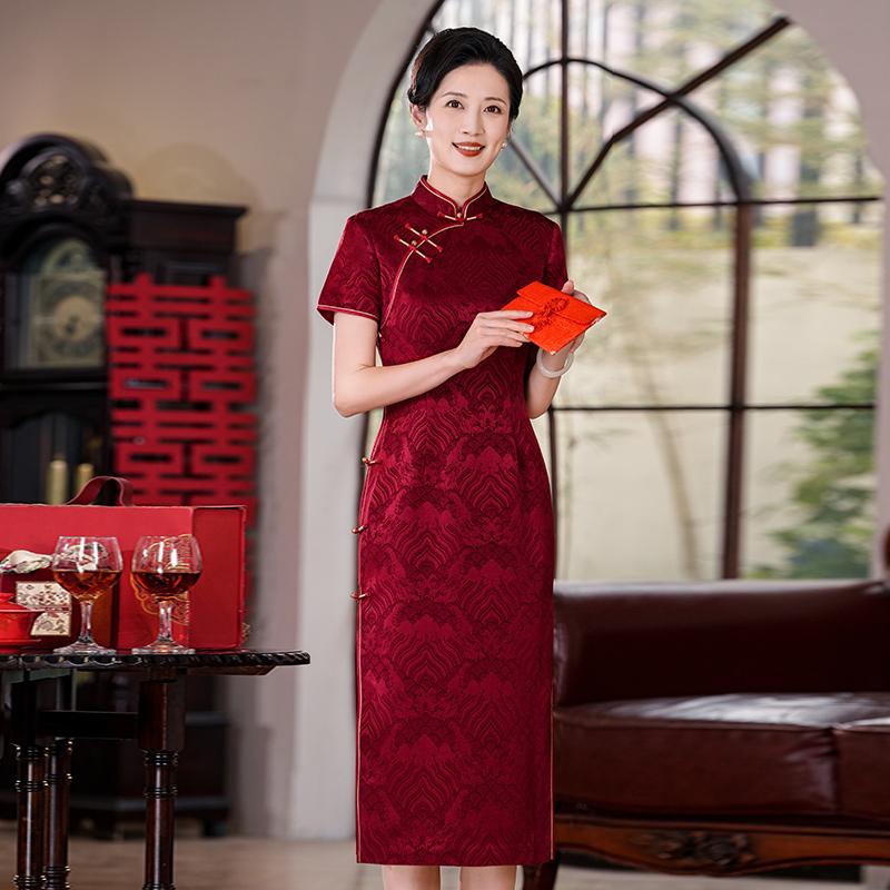 醋酸缎提花妈妈婚宴礼服旗袍
