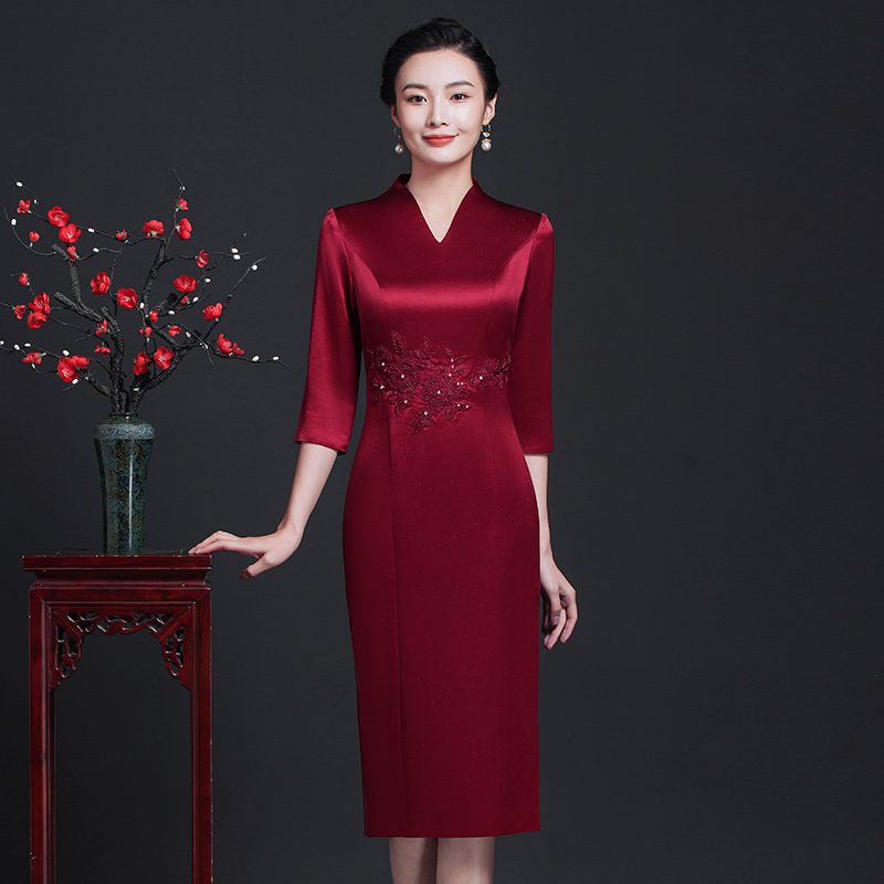 新式礼服7分袖改良婚礼妈妈旗袍