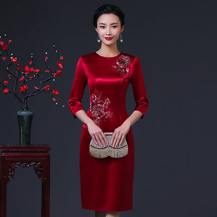 婚礼妈妈礼服改良版旗袍连衣裙醋酸缎时尚喜婆婆婚宴岳母加厚旗袍