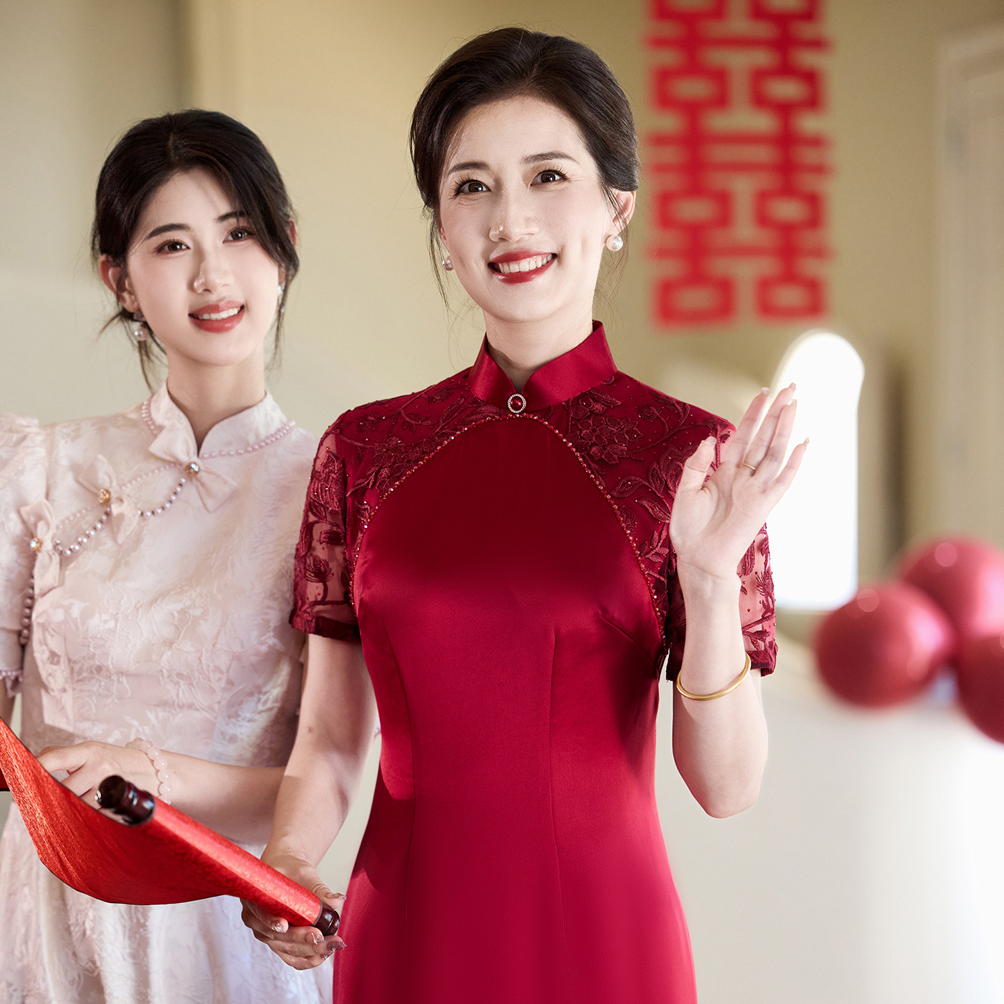 喜婆婆旗袍婚宴装2026年新款夏妈妈结婚喜宴喜服新式红色修身礼服