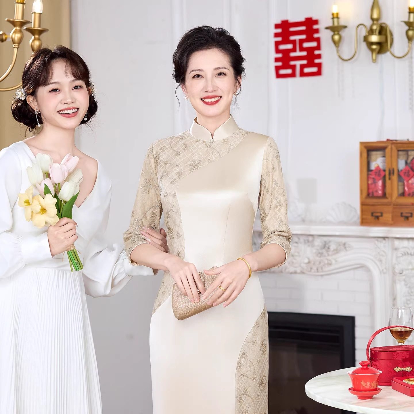 复古年轻妈妈旗袍2026新款婚宴7分袖喜妈妈优雅气质洋气中长礼服