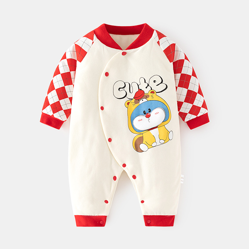 婴儿加棉连体衣秋冬宝宝冬装和尚服薄棉哈衣新生儿夹棉无骨蝴蝶衣