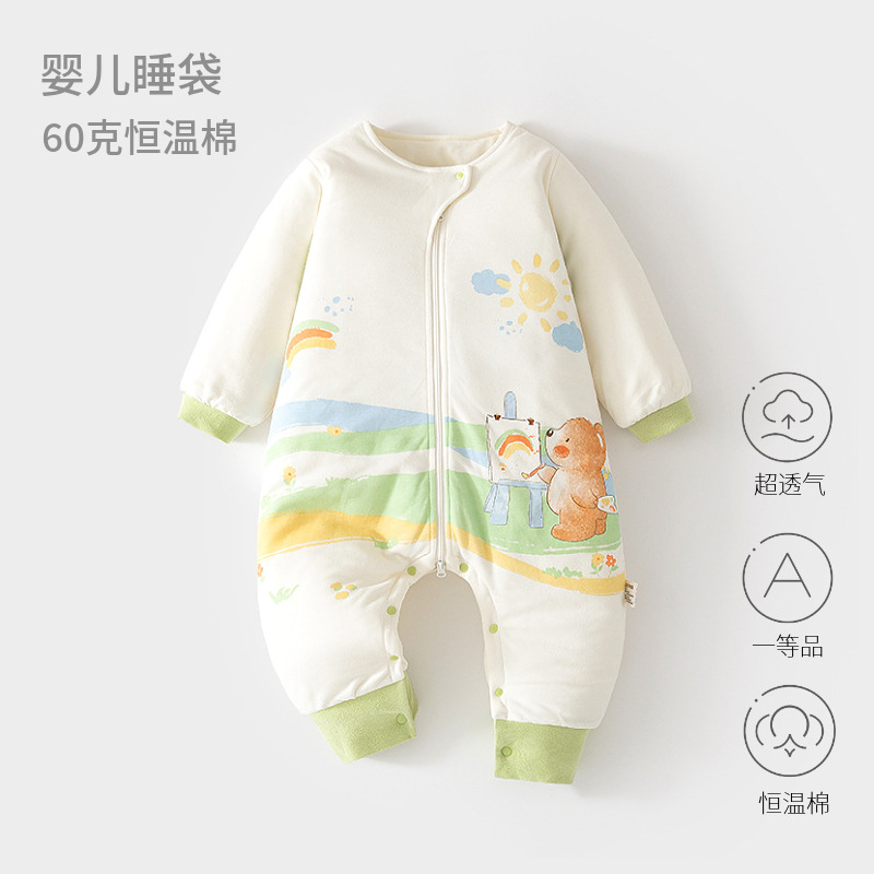 婴儿恒温睡袋加棉秋冬夹棉宝宝分腿睡衣新生儿拉链式多功能防踢被