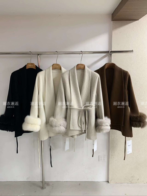 2024秋冬新款大翻领狐狸袖毛双面羊毛大衣中长款系带收腰气质时尚