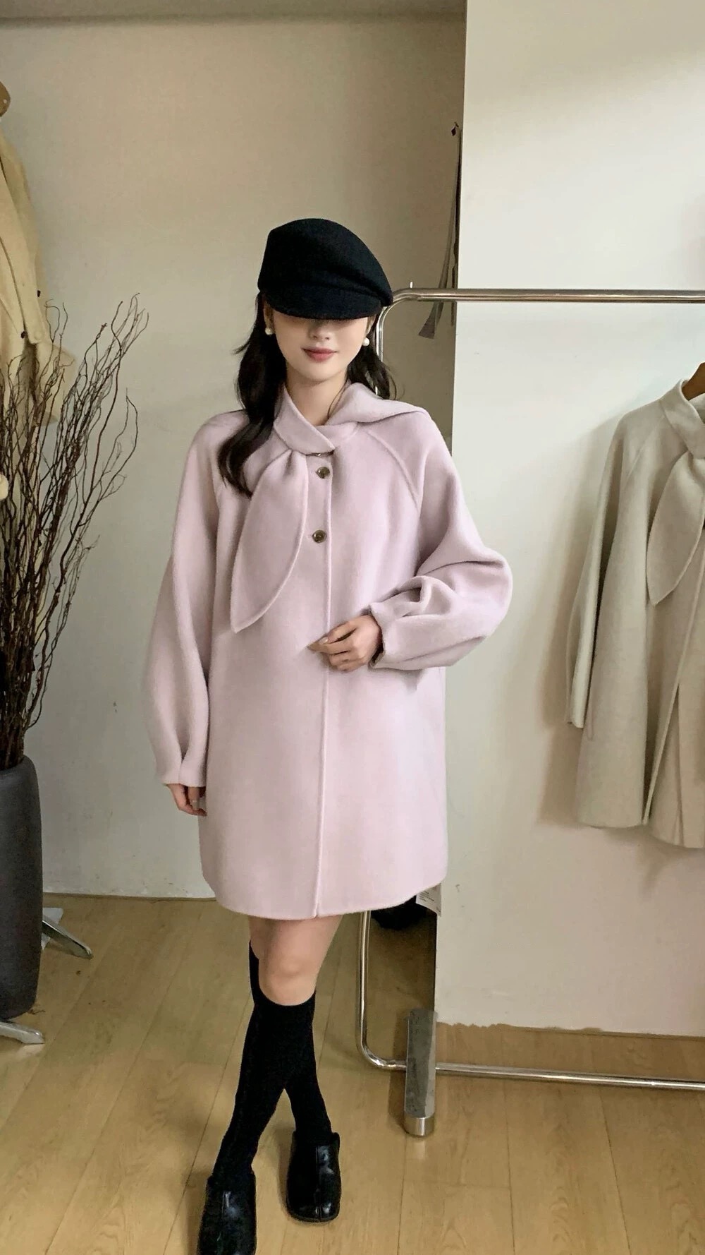 2025秋冬新款兔耳朵围巾双面羊毛大衣中长款斗篷减龄时尚羊毛外套