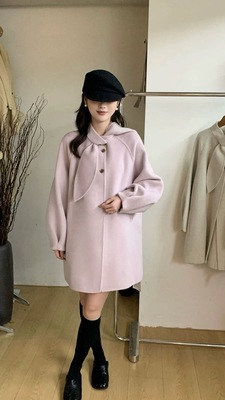 2025秋冬新款兔耳朵围巾双面羊毛大衣中长款斗篷减龄时尚羊毛外套