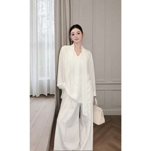 YIYI STUDIO白色v领飘带衬衫女装夏季薄款设计感小众中长款上衣