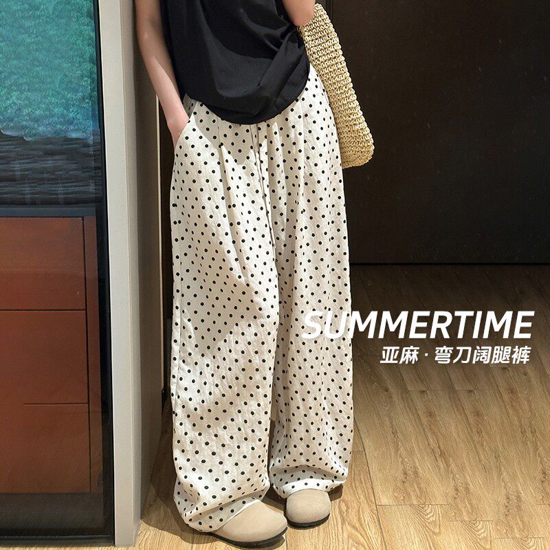 重工亚麻~波点印花松紧腰薄款棉麻休闲裤女夏季松弛感阔腿弯刀裤