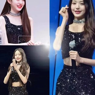 韩舞ive女团演出服张元英同款黑亮片背心短裤辣妹性感套装打歌服