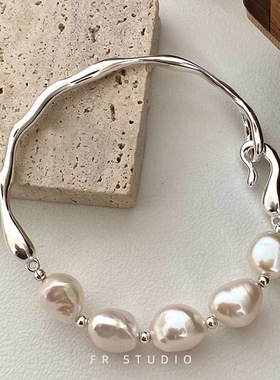 高级感925银大弯管手镯天然巴洛克珍珠ins小众设计轻奢正品手链女