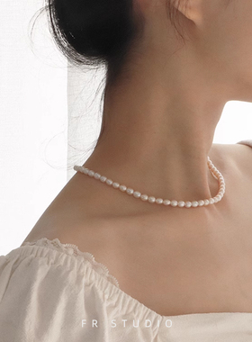 法式少女小米粒强光天然淡水珍珠925纯银项链锁骨链优雅礼物女