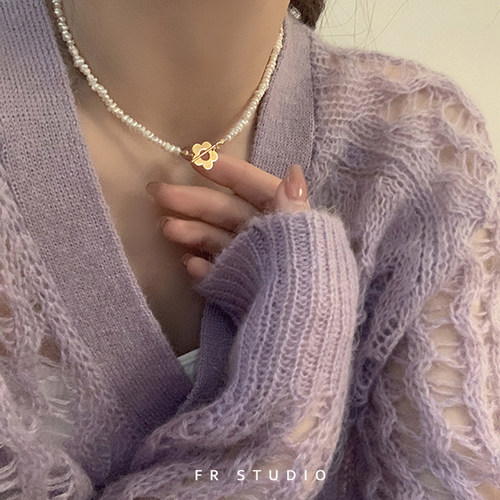 天然珍珠花朵OT扣锁骨项链颈链女