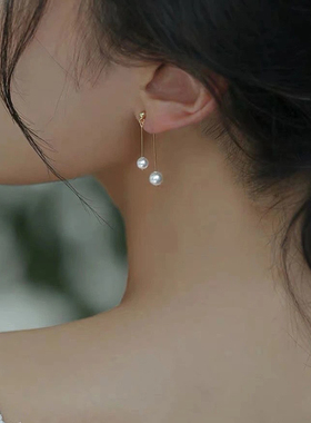 14K包金珍珠耳钉后挂式耳坠气质长款2026年新款潮耳环蚊香盘耳夹