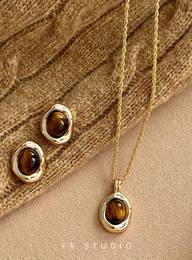 925银针美拉德虎眼石耳环女秋冬2026新款高级感复古金色耳钉项链