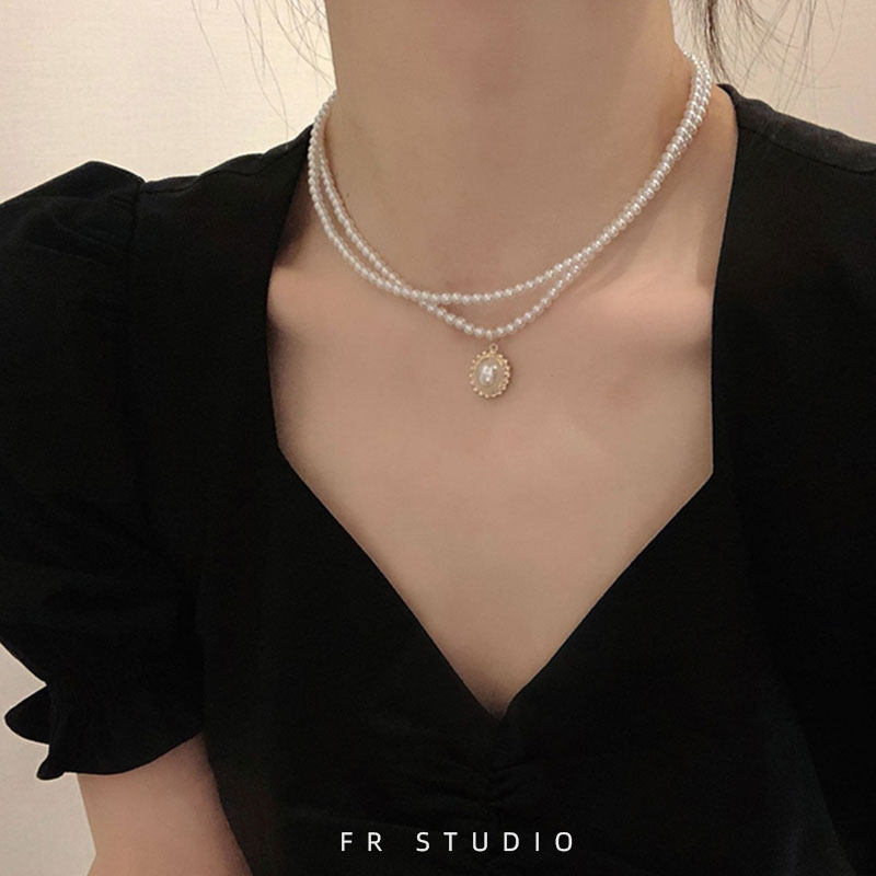 法式复古双层珍珠项链女锁骨配饰