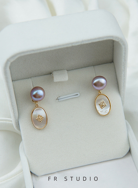 原创手作复古宫廷风优雅紫色珍珠耳夹蚊香盘耳环天然贝壳吊坠耳饰