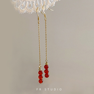 原创手作天然小南红玛瑙流苏耳环14K包金仙女红色长款耳钩饰耳夹