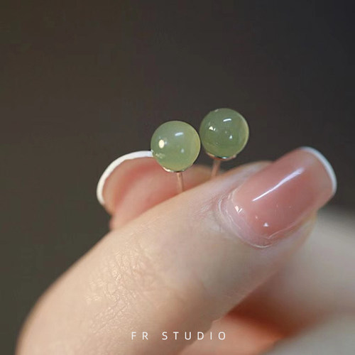 925纯银针天然玉石耳钉