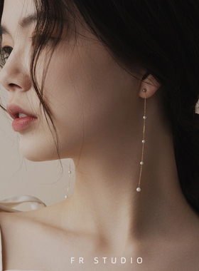 迷你天然小珍珠超长款耳线耳夹14K包金2026新款女时尚耳饰耳环夹