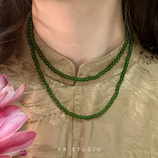 新年新中式绿色马来玉翡翠色系周冬雨同款串珠项链纯银扣毛衣链女