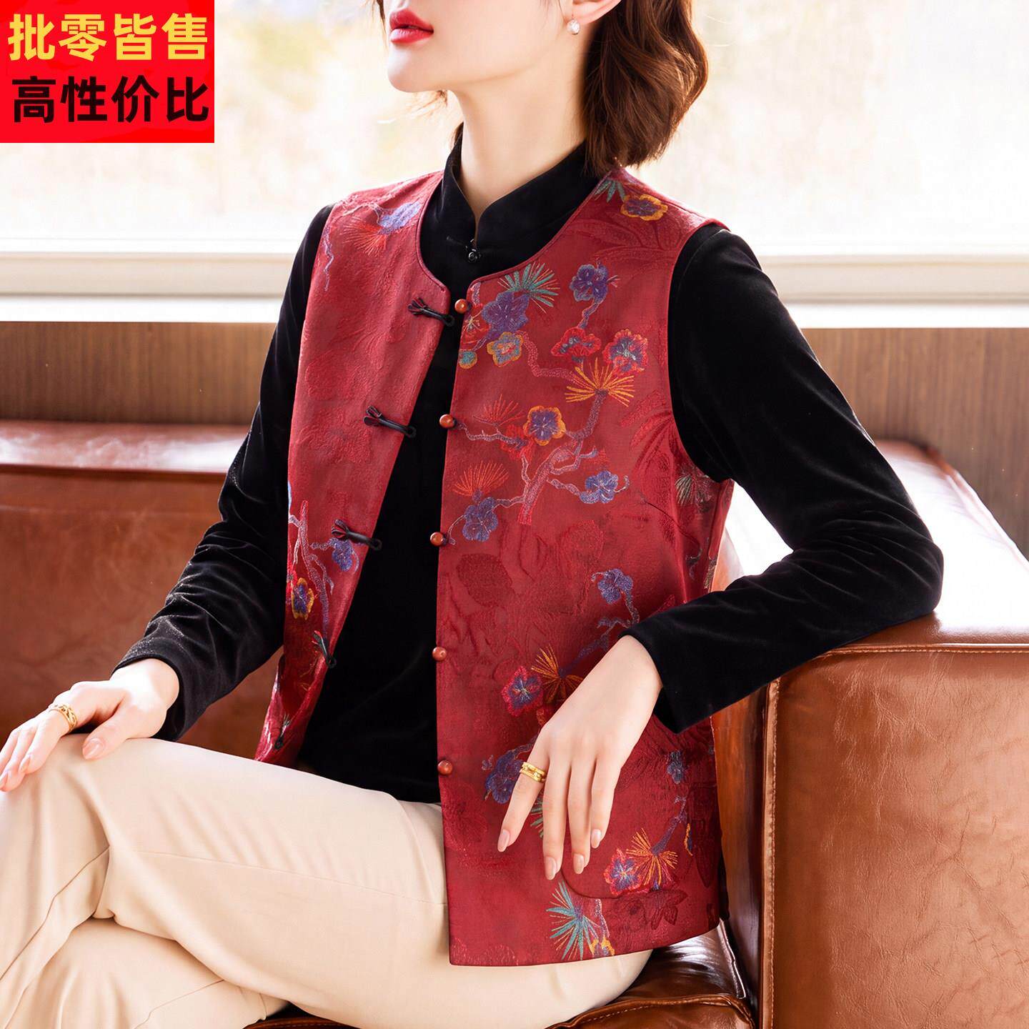 中年妈妈秋装国风印花马甲外套2026新款中老年女装新中式坎肩上衣