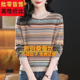 t恤女纹圆KMA领洋气针条织上妈妈漂亮打底小 蚕丝长衣袖 春季 新桑款