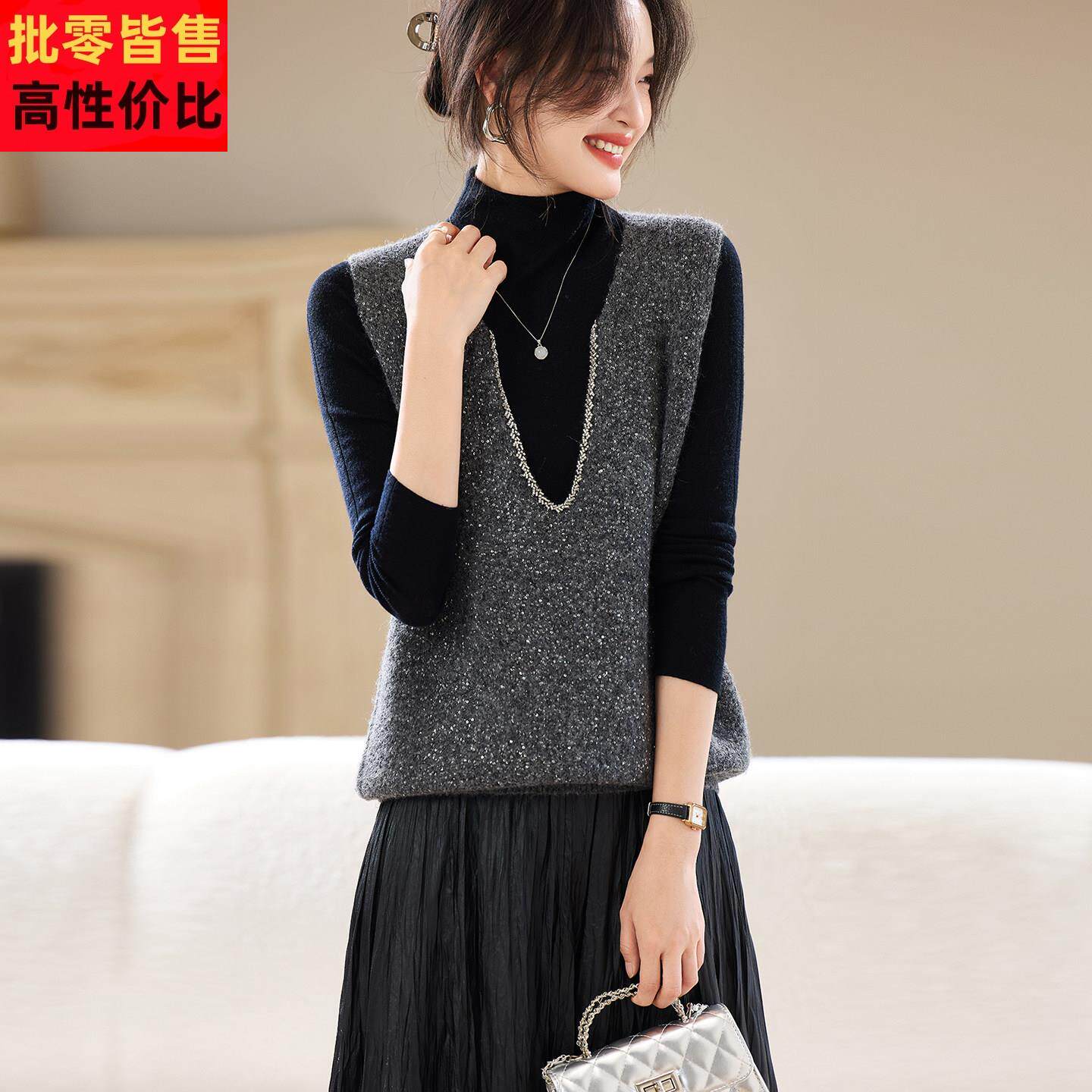法式V领亮片针织马甲女春秋叠穿无袖亮丝毛衣背心高级感显瘦上衣